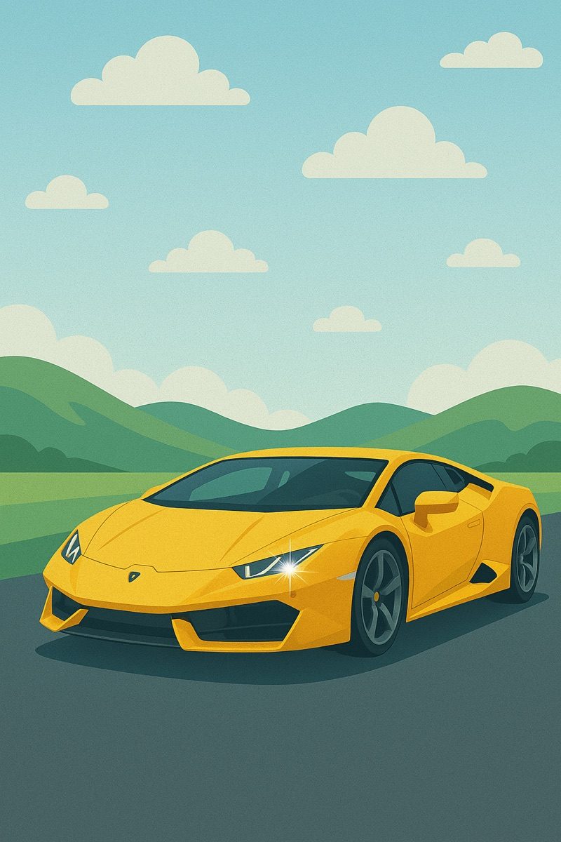 Illustration of a freshly detailed yellow sports car on a sunny road with green hills behind it